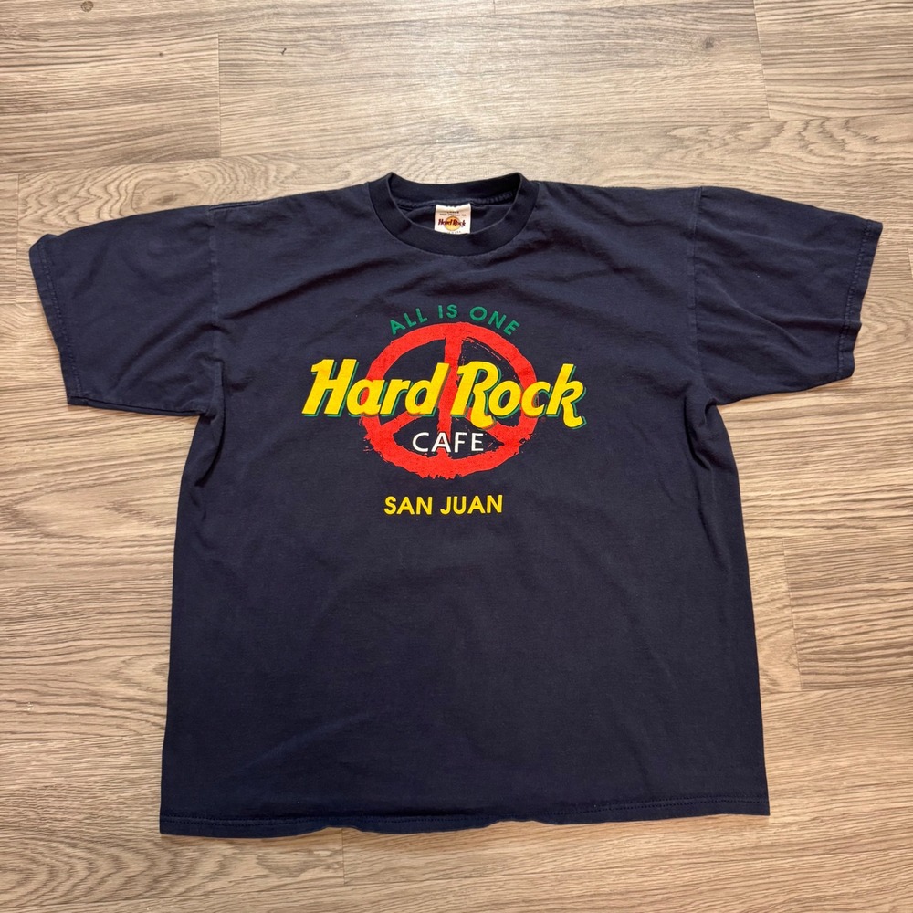Vintage 90s Hard Rock Cafe San Juan T Shirt Navy Blue Peace Sign Made in USA L